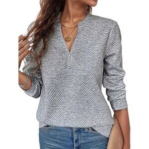 Flamingals Womens Casual Long Sleeve Round Neck Textured Zipper Front T-Shirt XL